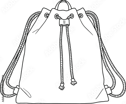 Drawstring backpack line art, minimalist design, fashion accessory sketch, vector illustration, casual bag, black and white outline
