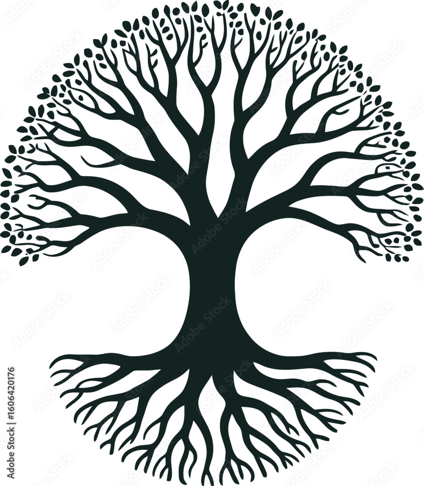 Naklejka premium Isolated round tree silhouette with branches, leaves and roots on white background