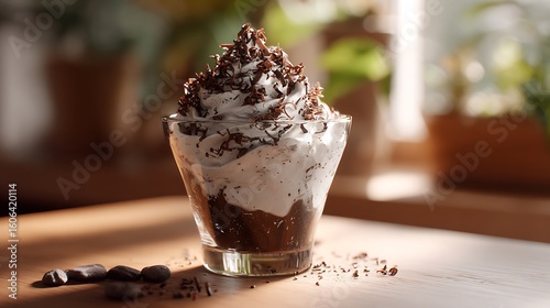 A glass of chocolate mousse dessert topped with whipped cream and chocolate shavings on a wooden surface