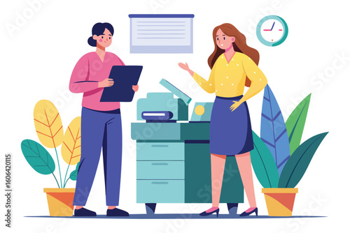 Woman interacts with coworker while making a copy of a document in a modern office setting during daytime