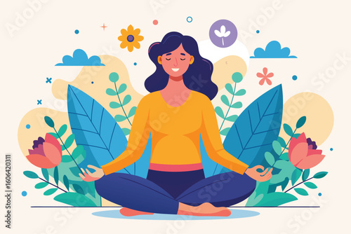 Relaxing woman sits peacefully in a garden surrounded by vibrant flowers and lush greenery while enjoying a moment of meditation