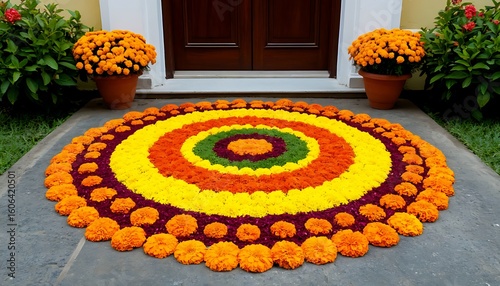 Traditional Indian flower rangoli welcoming guests at the entrance of a house during Onam or Diwali festival