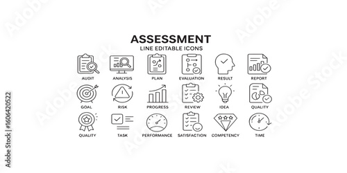 Print   Assesment line editable icon set. Containing Audit, analysis, plan, evaluation, result, goal and more. Vector illuatration
