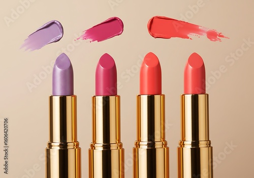 A clean and focused shot of makeup lipsticks, demonstrating different shades with illustrative swatches.

