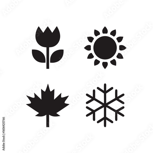 Four seasons icons flower sun maple leaf snowflake on white background tulip sunflower