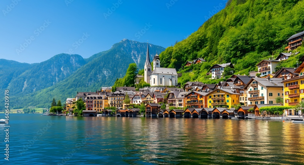 Fototapeta premium Picturesque Hallstatt Austria Landscape View of Lake Village and Mountains with Clear Blue Sky Summer Day Scenery European Travel Destination