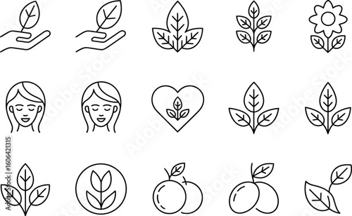 Line Art Icons Leaf in Hand, Woman Face, Heart Shape, Fruits, and Floral Elements
