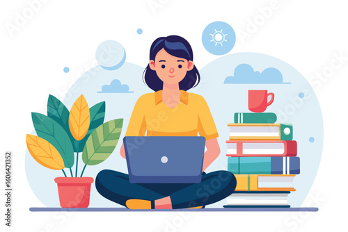 Focused woman studying at home with a laptop surrounded by books and a plant in a cozy environment during the day
