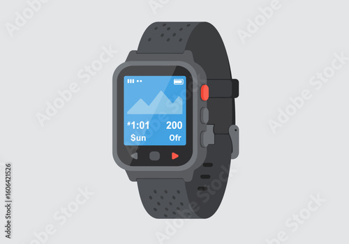 A modern smartwatch with a fitness tracker application on its screen. A flat design vector illustration of a wearable technology gadget for health monitoring.