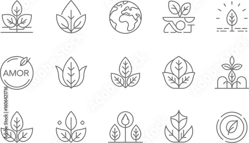 Linear Collection Leaf, Sprout, Globe Icon Set on Transparent Backgrounds
