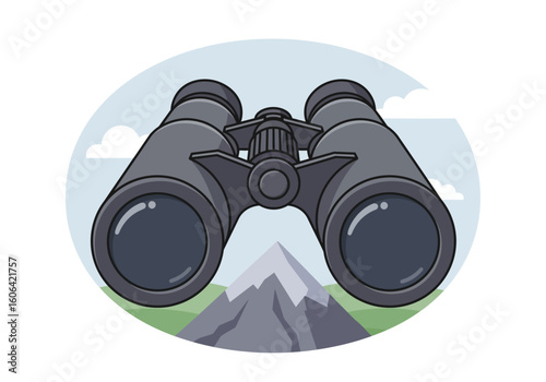 Illustration of binoculars viewing a distant mountain landscape, representing exploration, adventure, and discovery.