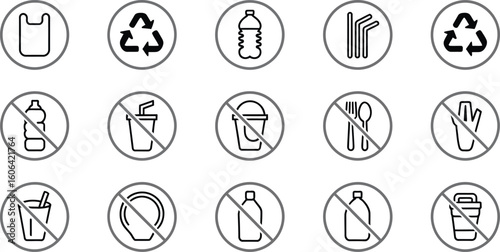 Line Icons Set Plastic Ban, Recycle Symbol, EcoFriendly Alternatives in Circles