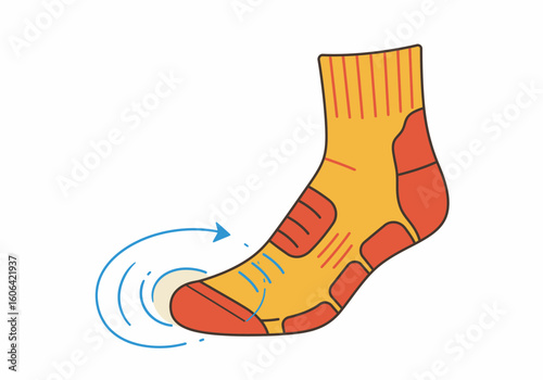 Vector illustration of a technical athletic sock with reinforced cushioning. Performance footwear concept for sports.