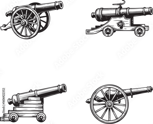 Hand drawn style Vintage cannon silhouette set isolated on transparent background 