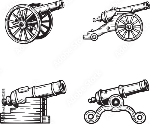 Hand drawn style Vintage cannon silhouette set isolated on transparent background 