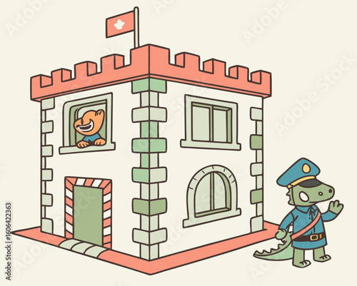 A kawaii-style cartoon alligator dressed as a patrol officer, walking confidently on duty.