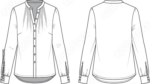  Women’s button up blouse flat sketch, long sleeve shirt design with mandarin collar, gathered front detail, back view, CAD vector illustration