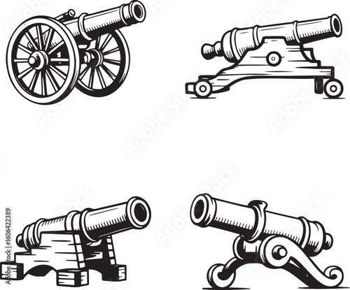 Hand drawn style Vintage cannon silhouette set isolated on transparent background 