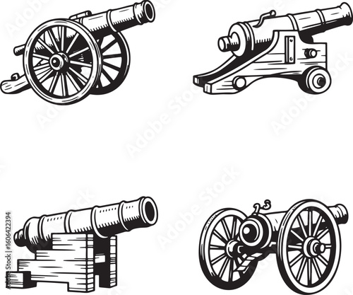 Hand drawn style Vintage cannon silhouette set isolated on transparent background 