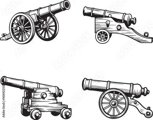 Hand drawn style Vintage cannon silhouette set isolated on transparent background 