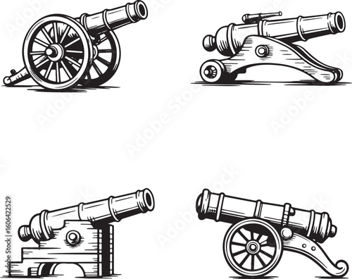 Hand drawn style Vintage cannon silhouette set isolated on transparent background 