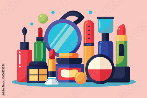 Different cosmetics bottles and products arranged on a colorful background, showcasing a variety of beauty items in an organized display