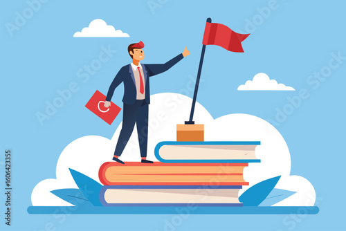 Wise businessman stands confidently atop a stack of books with a red flag raised high, symbolizing knowledge and ambition in a colorful cloudscape