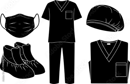 Vector art of set of medical attire including scrubs, mask, cap, and shoe covers