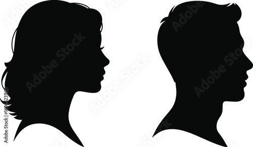Man and woman head profile silhouette, black vector illustration of male and female face side view, isolated on white background