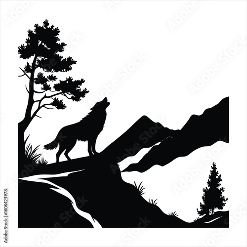 A striking black silhouette of a wolf howling at the moon from a rocky mountain ledge, with trees and more mountains in the background
