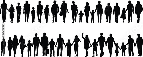 Silhouettes of families holding hands walking together, parents and children group crowd vector illustration on white background for design use