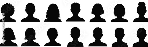Collection of diverse head silhouettes, male and female avatars, front view portrait icons, hairstyle variety, vector black profile set