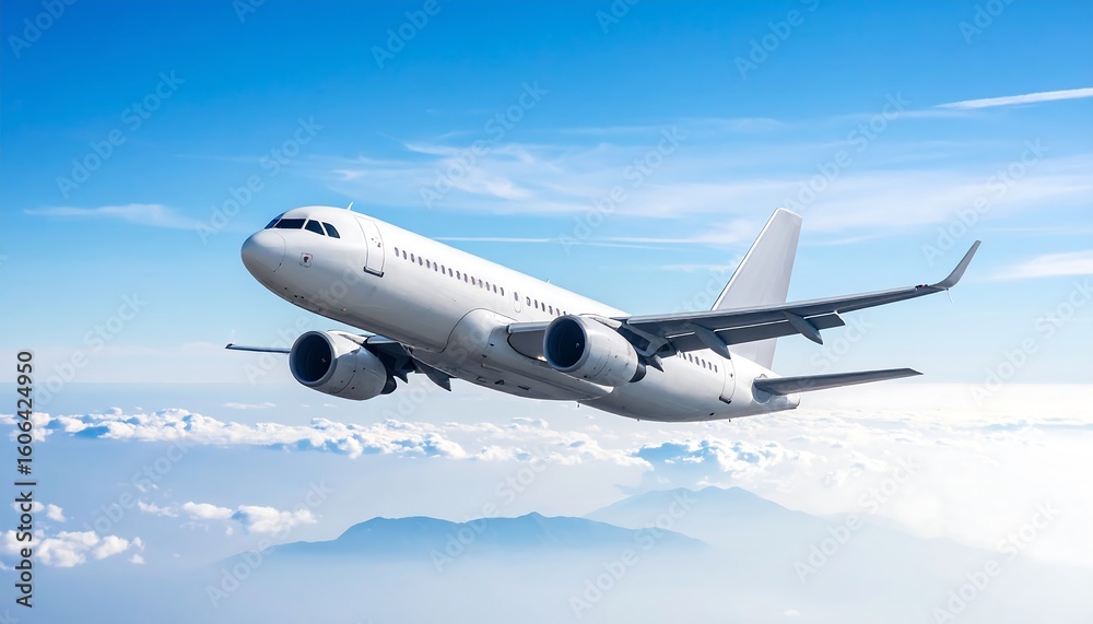 Fototapeta premium White jet plane soaring above fluffy clouds and mountains