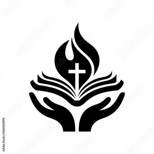 Christianity symbol of open book with cross and flame held by hands silhouette isolated on white background