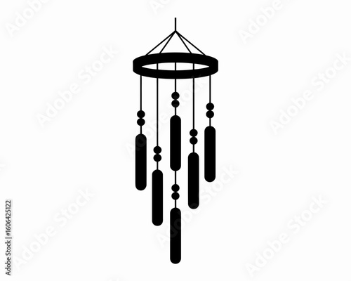 Simple black silhouette of a wind chime with dangling tubes and beads isolated on white background silhouette
