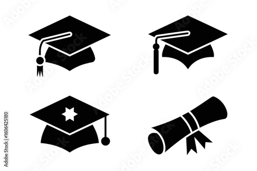 Collection of graduation caps and diploma scrolls silhouette isolated on white background
