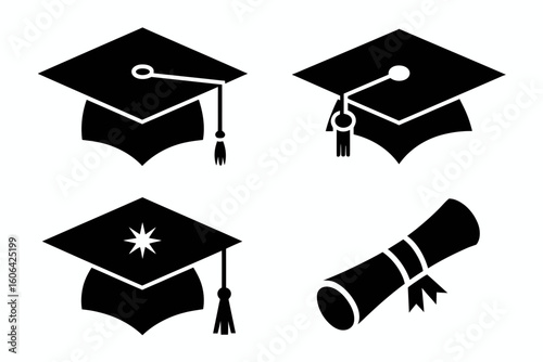 Collection of graduation caps and diploma scrolls silhouette icons isolated on white background
