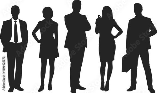 Silhouettes of Business Professionals Standing Together, Teamwork, Corporate Office Staff, Men and Women in Formal Attire, Isolated on White