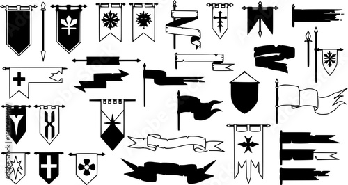 various medieval banners, flags, monochrome, vector art