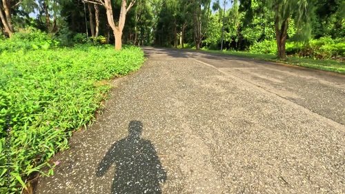point of view of man shadow running or jogging with green trees on asphalt road in the morning