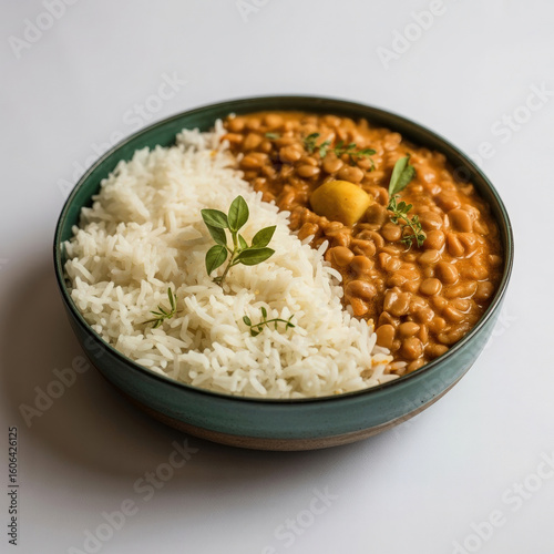 White rice with brown beans curry and lemon garnish herbs