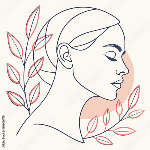 A glamorous lady with a feather and flower in her hair is captured in a vector illustration of a woman's beautiful face and profile
