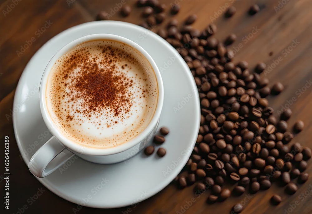Obraz premium A white cup of cappuccino, sprinkled with cocoa powder, rests on a saucer beside a scattering of roasted coffee beans on a dark wood surface