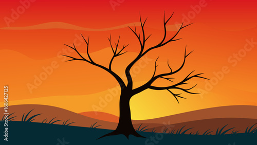 Bare Tree in Open Field at Sunset