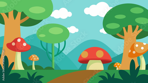Cartoon Forest Glade with Mushrooms and Plants