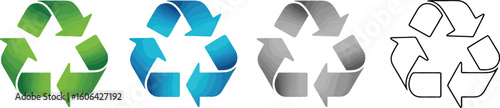 Set of Recycle Arrows Symbol in Green, Blue, Gray and Outline on White Background