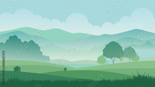 Foggy Morning Over Countryside Grass