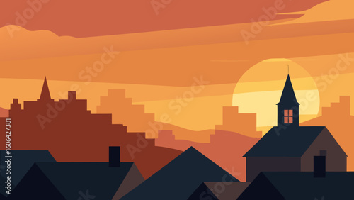 Village Rooftops Under Golden Sunset