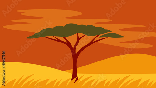 Savannah with Tall Grass and Acacia Tree