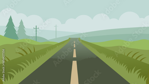 Countryside Road with Fog and Wild Grass